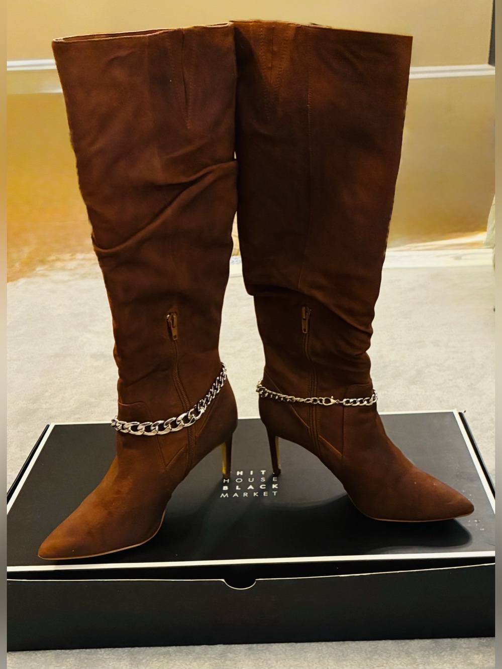 White House Black Market Brown Leather Stiletto Boots/Chain Accent Size 7.5